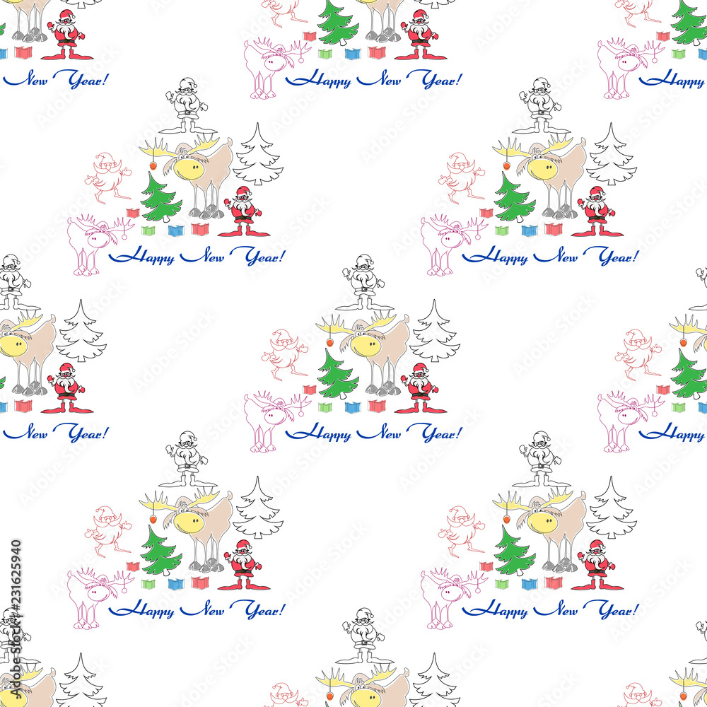 seamless pattern with santa, elk, christmas tree, gifts with contours of happy new year