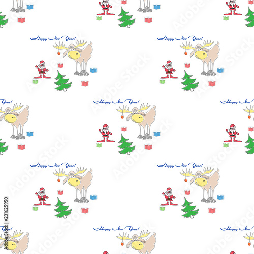 seamless pattern with santa, elk, christmas tree, gifts of happy new year