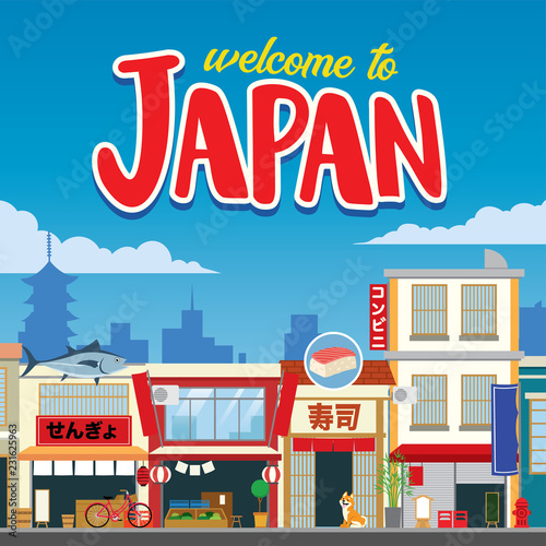 greeting welcome to japan with traditional shopping street in flat style