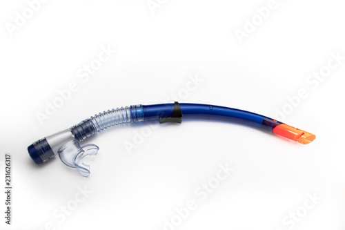 Blue snorkel with transparent silicone mouthpiece on white background