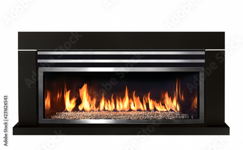 Longest dark wood fireplace isolated on white background