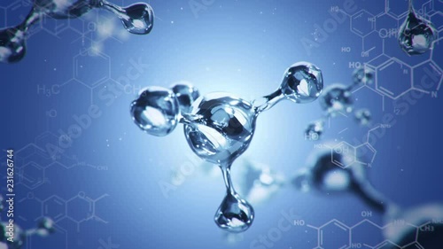 Animation of rotation DNA helix or molecule from glass and crystal and chemical formulas on backdrop. Animation of seamless loop.