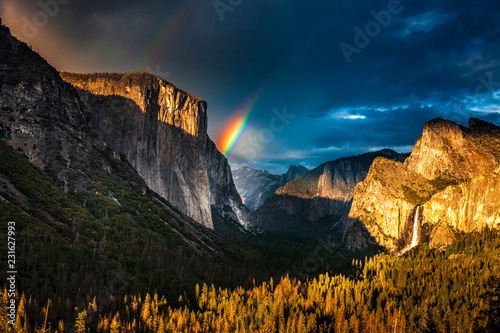 Double rainbow over El Capitan seen from the Tunnel View oveerlook in California's Yosemite National Park photo