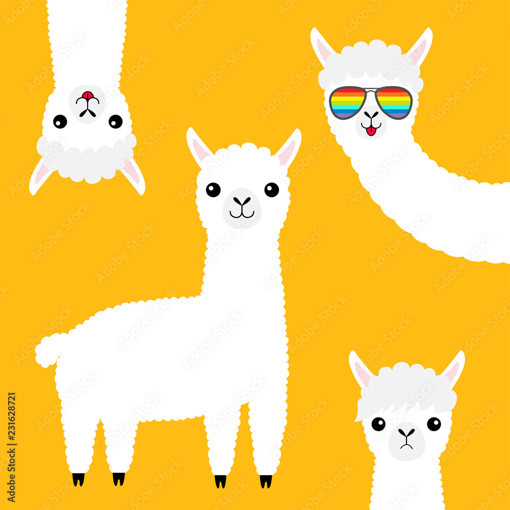 Alpaca llama animal set. Face in rainbow glassess. Cute cartoon funny  kawaii character. Fluffy hair fur. T-shirt, greeting card, poster print.  Baby collection. Flat design. Yellow background. Stock Vector | Adobe Stock