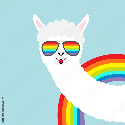 Llama alpaca animal face in rainbow glassess. Fluffy hair fur. Cute cartoon funny kawaii character. T-shirt, greeting card, poster print. Gay symbol collection. Flat design. Blue background.
