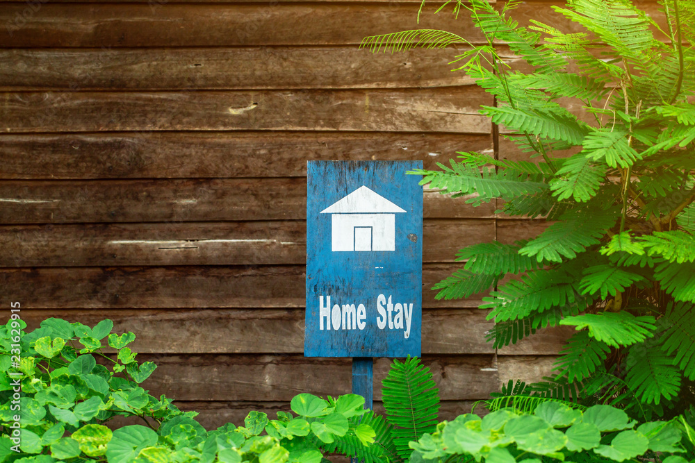 The homestay blue sign with old , retro wooden background with some green plant decoration. The homestay blue sign with old , retro wooden background with some green plant decoration.