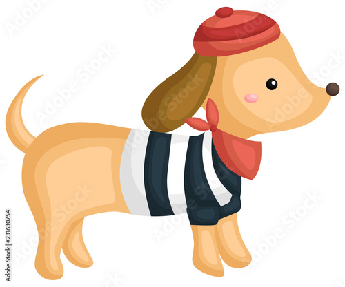 a dog wearing a shirt, hat, and scarf