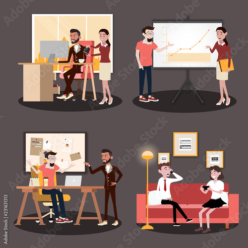 Set of business people and situations of the office team workers women, men and boss in uniform in meeting room with pc laptop and growing chart. presentation in shared working environment. 