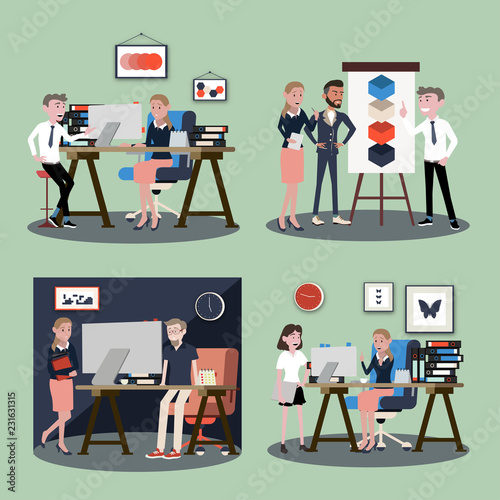 Vector illustration in a flat style of business office team workers women, men and boss in uniform in meeting room with pc laptop and growing chart. They are talking, discuss goal planning and debate.