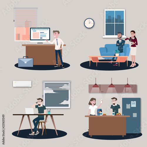 Vector illustration in a flat style of business office team workers women, men and boss in uniform in meeting room and growing chart. Presentation in various action with emotions.