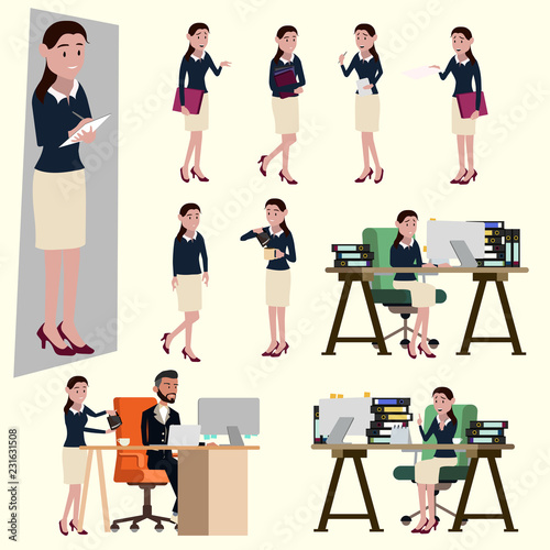 Vector illustration in a flat style of office salary woman in working uniform. Many action of the happy woman using smartphone with social network, working with laptop on work desk