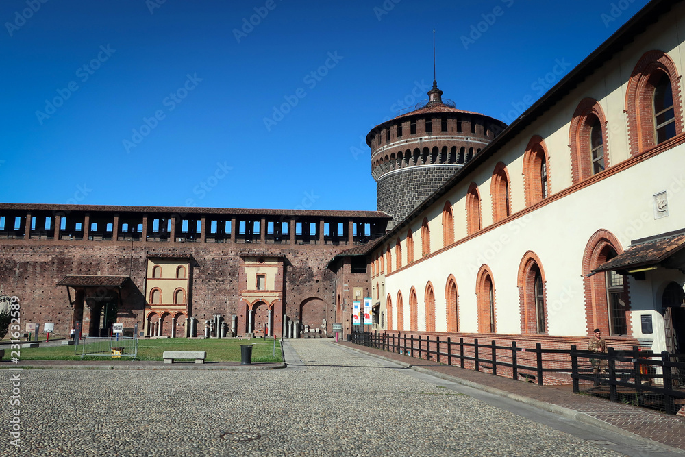 View of inner yard of Sforza Castle, Milan, Italy