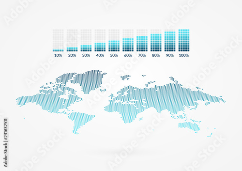 10 20 30 40 50 60 70 80 90 100 percent square chart symbols. Percentage vector icons. World Map. Infographic layout in A4 for business, finance, web, design, growth, download, progress, report
