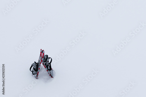 on the background of white snow there are two snowshoes