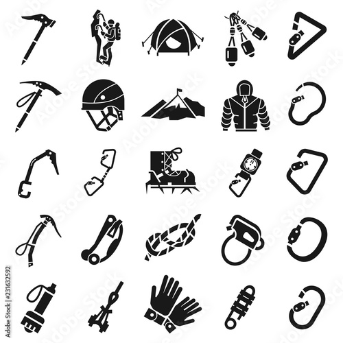 Mountaineering equipment icon set. Simple set of mountaineering equipment vector icons for web design on white background