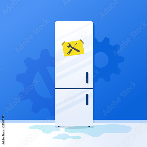 Broken fridge home kitchen appliances Household freezer with repair sign notes. Vector illustration white refrigerator