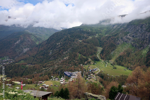 Village of Zermatt panoramic view  valleys and slopes of Swiss Alps