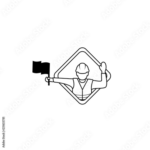 vector illustration of Flagger Man. Flagger sign, Flagman ahead road sign. Road Flagger Modern Simple outline Vector Icon logo template.