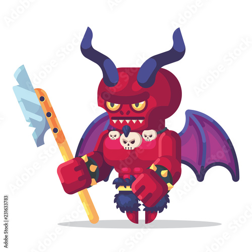 Fantasy RPG game Game Character monsters and heros Icons Illustration. Hell warrior, demon, devil, satan with horns, wings and glaive