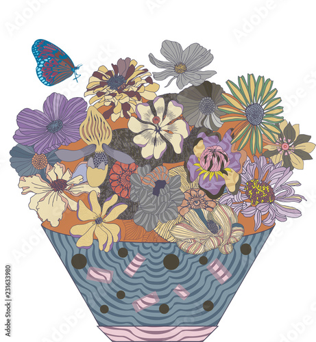 Flower bouquet in vase with lots of botanical flowers and one butterfly