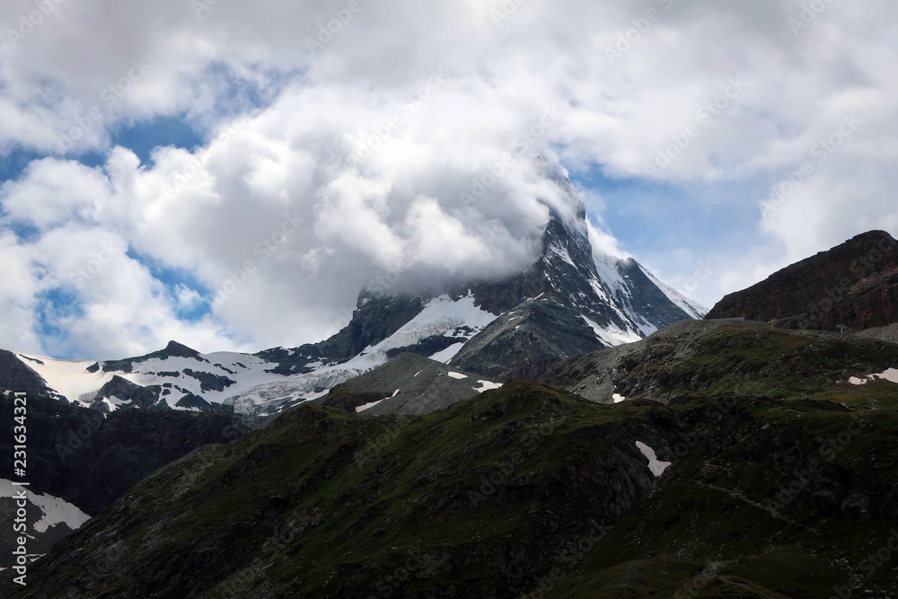 Matterhorn Mount covered by clouds view, Switzerland