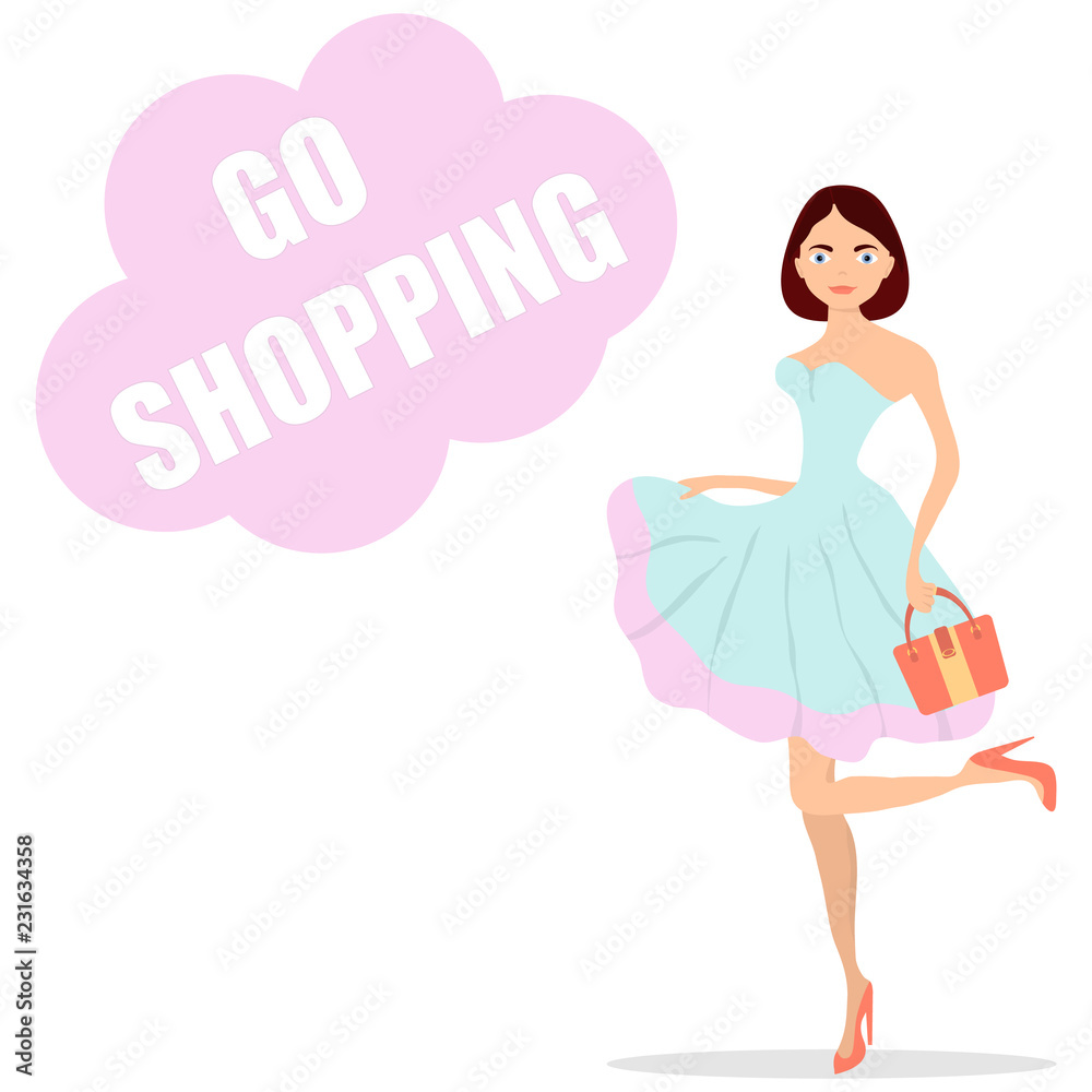 Shopping, woman with a handbag has gone shopping. Flat design, vector illustration, vector.