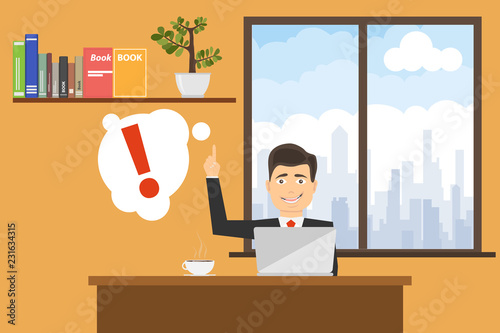 Freelancing, remote work at home. Male freelancer working on a laptop. Flat design, vector illustration.