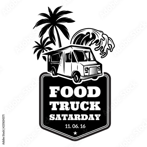 Template for advertising in retro style on a food festival theme with food track, palm trees and water wave. Vector monochrome illustration
