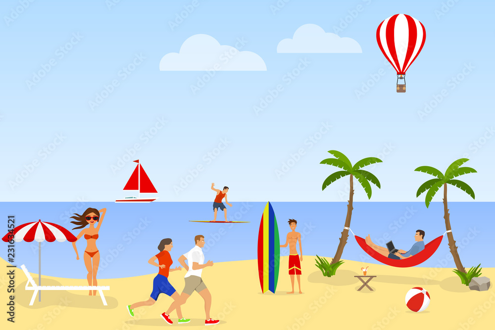 People relax and have fun on the beach. Beach holiday concept. Seaside resort. Flat design, vector illustration, vector. People relax and have fun on the beach. Beach holiday concept. Seaside resort. Flat design, vector illustration, vector.