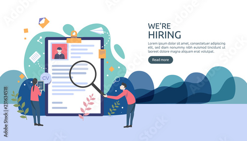 Job hiring and online recruitment concept with tiny people character. agency interview. select a resume process. template for web landing page, banner, presentation, social media. Vector illustration.