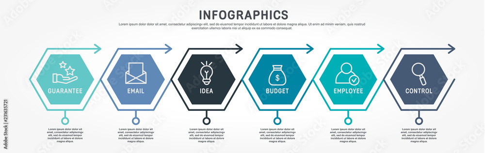 Flat line vector illustration. Infographic template with six elements, hexagons and text. Timeline step by step. Designed for business, presentations, web design, diagrams, training with 6 steps Flat line vector illustration. Infographic template with six elements, hexagons and text. Timeline step by step. Designed for business, presentations, web design, diagrams, training with 6 steps