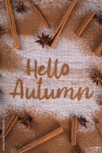 Hello, Autumn. The phrase is written on a wooden table with ground cinnamon among cinnamon sticks and badyan. Top view, flat lay