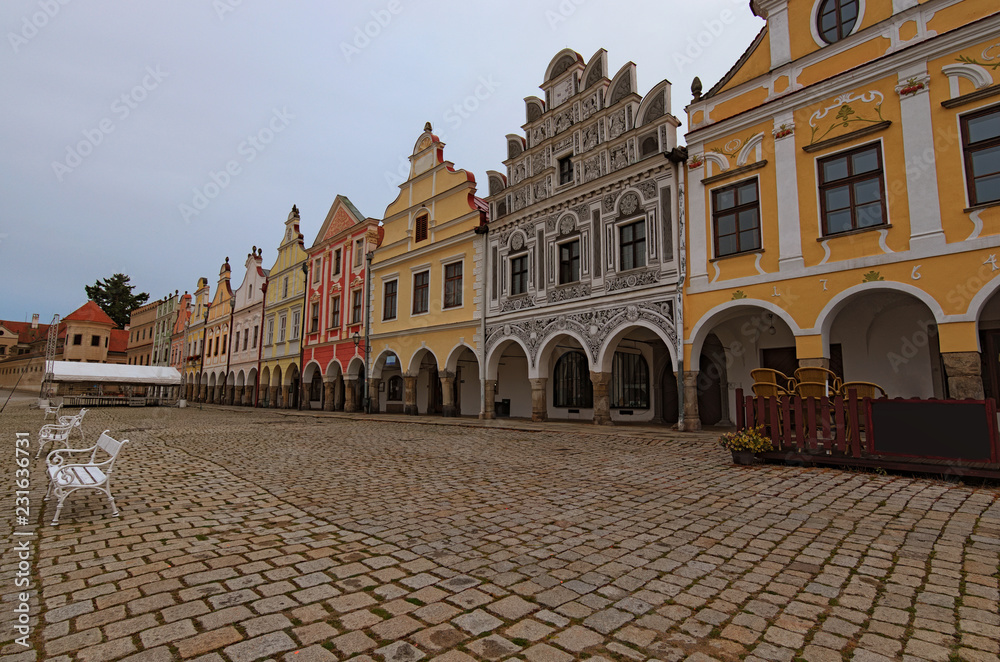 Picturesque medieval buildings on the main square of Telc. Famous touristic place and travel destination in Czech Republic. A UNESCO world heritage site. Telc, Southern Moravia, Czech Republic