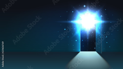 Mystical light from the open door of a dark room, open space, background, discovery, cosmos, abstract glowing exit, mock up