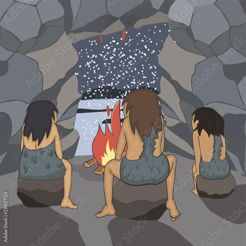 neandertals in the cave watching snowfall