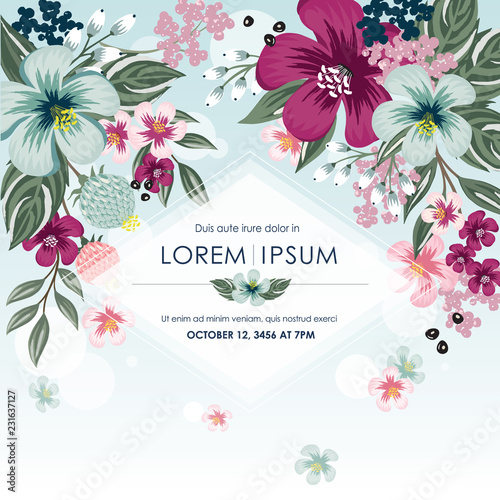  Vector illustration of a floral frame in spring for Wedding, anniversary, birthday and party. Design for banner, poster, card, invitation and scrapbook 	