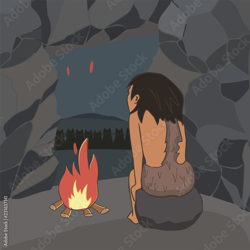 primitive boy found a shelter in the cave