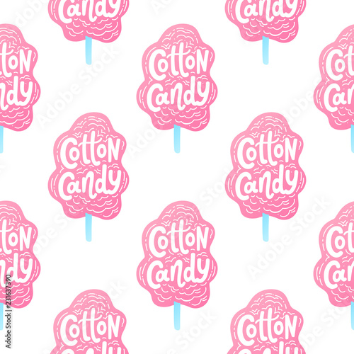 Cotton candy seamless pattern. Text lettering. Hand drawn vector illustration.