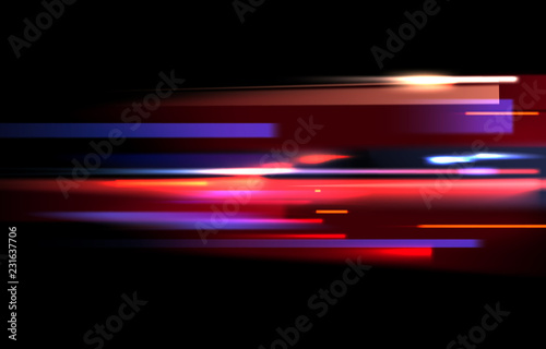 Vector image of colorful light trails with motion blur effect, long time exposure. Isolated on black background