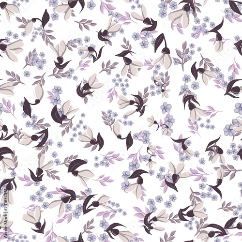 Seamless colorful pattern with leaves and bellflowers on a light background