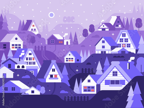 Snowy scene with winter village. Wintertime japanese landscape. Alp countryside with cozy snow houses and cabins by falling snow. Traditional snow village Shirakawago and Gokayama in Japan.