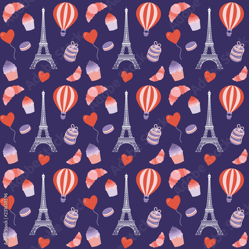 Paris pattern with Eiffel Tower, hot air balloon, french croissant, macaroon and cupcake. Romantic french seamless background for wrapping paper and print on textiles or fabric.