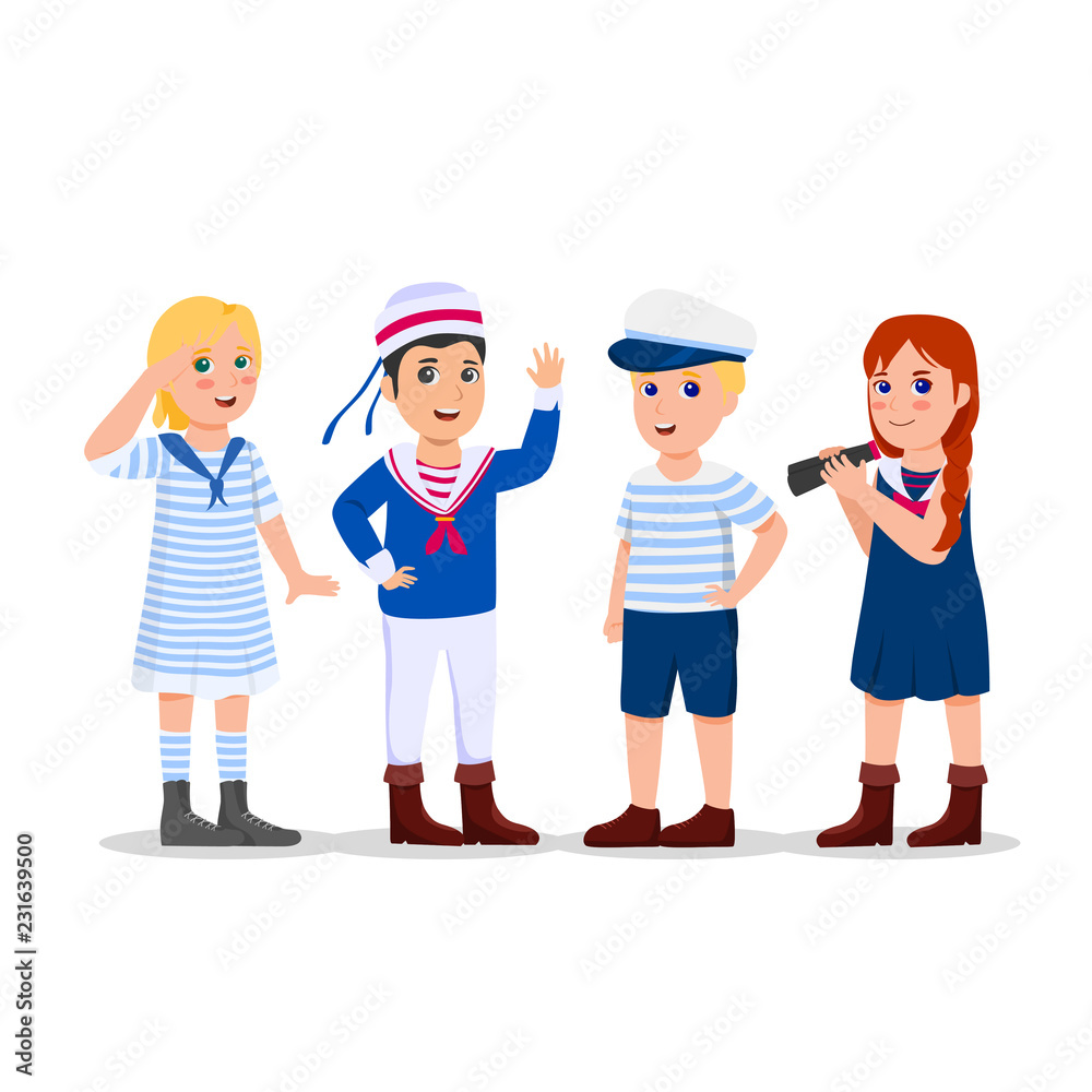 Group Children Dressing Sailor Costume Cute Vector Cartoon Illustration