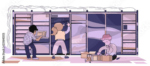 Group of IT technicians working together in server room. Engineers maintains hosting data center. Vector Illustration.