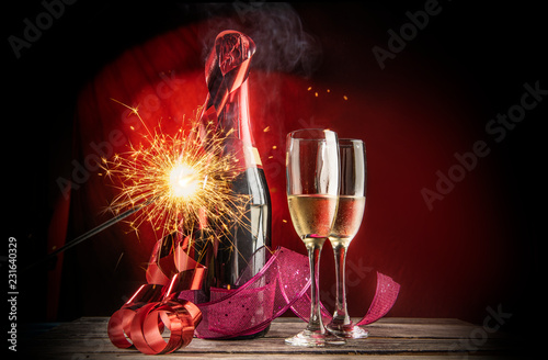 Party or event celebration with champagne and fireworks