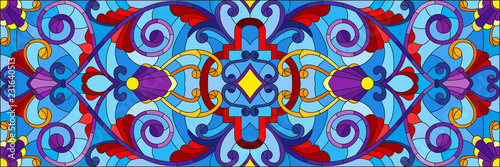 Illustration in stained glass style with abstract flowers, leaves and curls on blue background, horizontal orientation