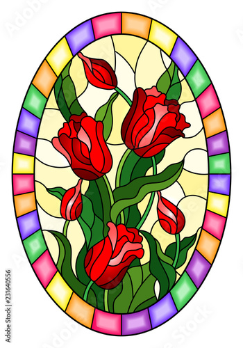 Fototapeta Naklejka Na Ścianę i Meble -  Illustration in stained glass style with a bouquet of red tulips on a yellow background in a bright frame, oval image