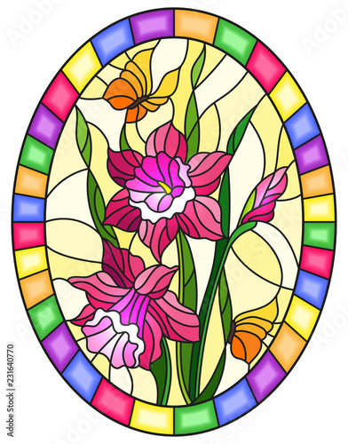 Fototapeta Naklejka Na Ścianę i Meble -  Illustration in stained glass style with a bouquet of pink daffodils and yellow butterflies on a blue background in bright frame