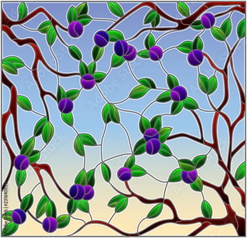 Illustration in the style of a stained glass window with the branches of plum tree , the fruit branches and leaves against the sky