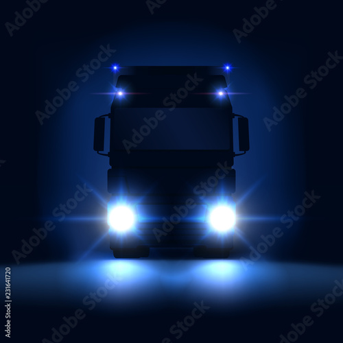 Night silhouette big semi truck with bright headlights and semi riding on the dark night background, front view, vector illustration